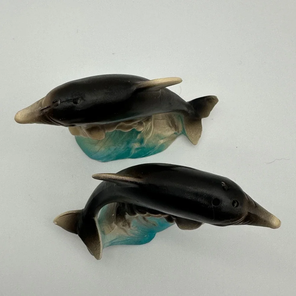 Vintage Dolphin Salt and Pepper Shakers Set Grey Blue Ocean Waves Decor